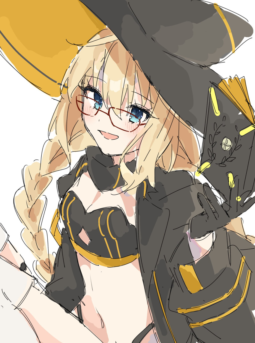 1girl aesc_(fate) aesc_(rain_witch)_(fate) artist_request black_jacket blonde_hair blue_eyes blush fate/grand_order fate_(series) glasses hairband hat highres jacket long_hair looking_at_viewer navel smile white_background witch_hat