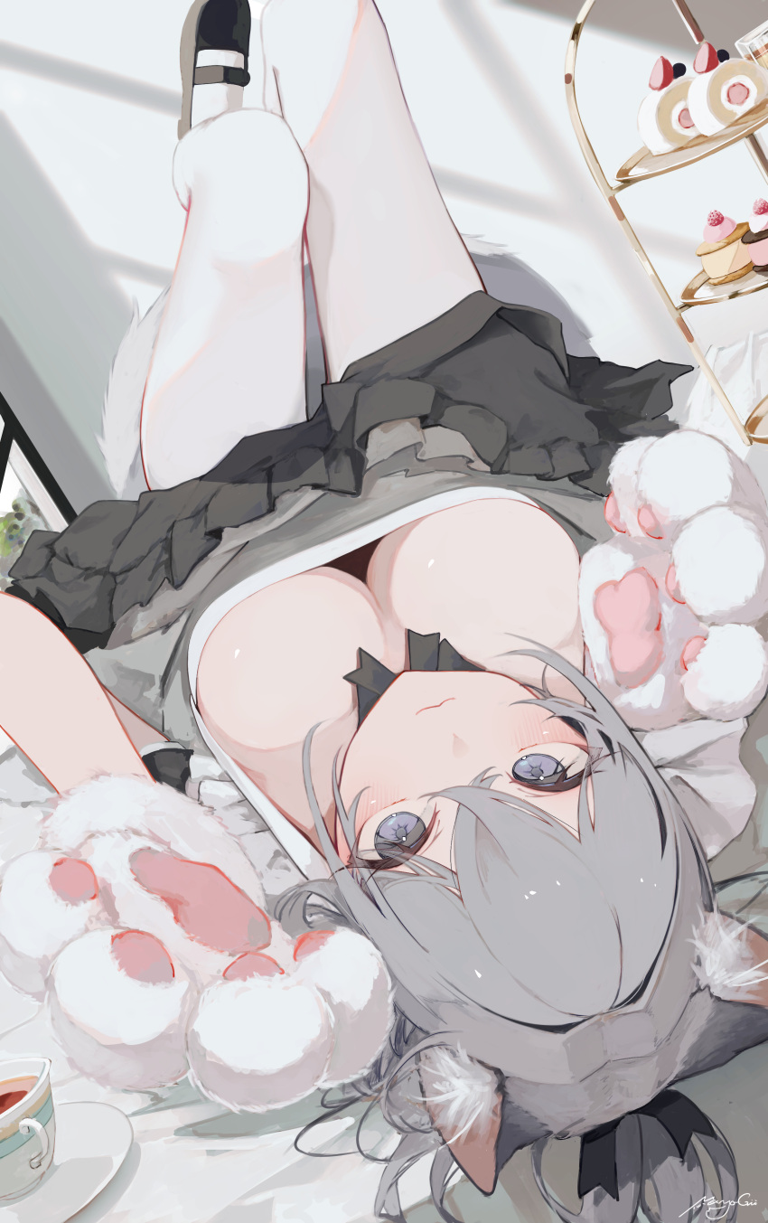 1girl absurdres animal_ear_fluff animal_ears animal_hands black_footwear black_skirt closed_mouth commentary_request cup daifuku downblouse food frilled_skirt frills from_above fur-trimmed_gloves fur_trim gloves grey_eyes grey_hair grey_shirt hair_between_eyes highres ichigo_daifuku looking_at_viewer lying mayogii on_back on_table original pantyhose paw_gloves saucer shirt shoes skirt solo table tail tea teacup tiered_tray wagashi wavy_mouth white_gloves white_pantyhose