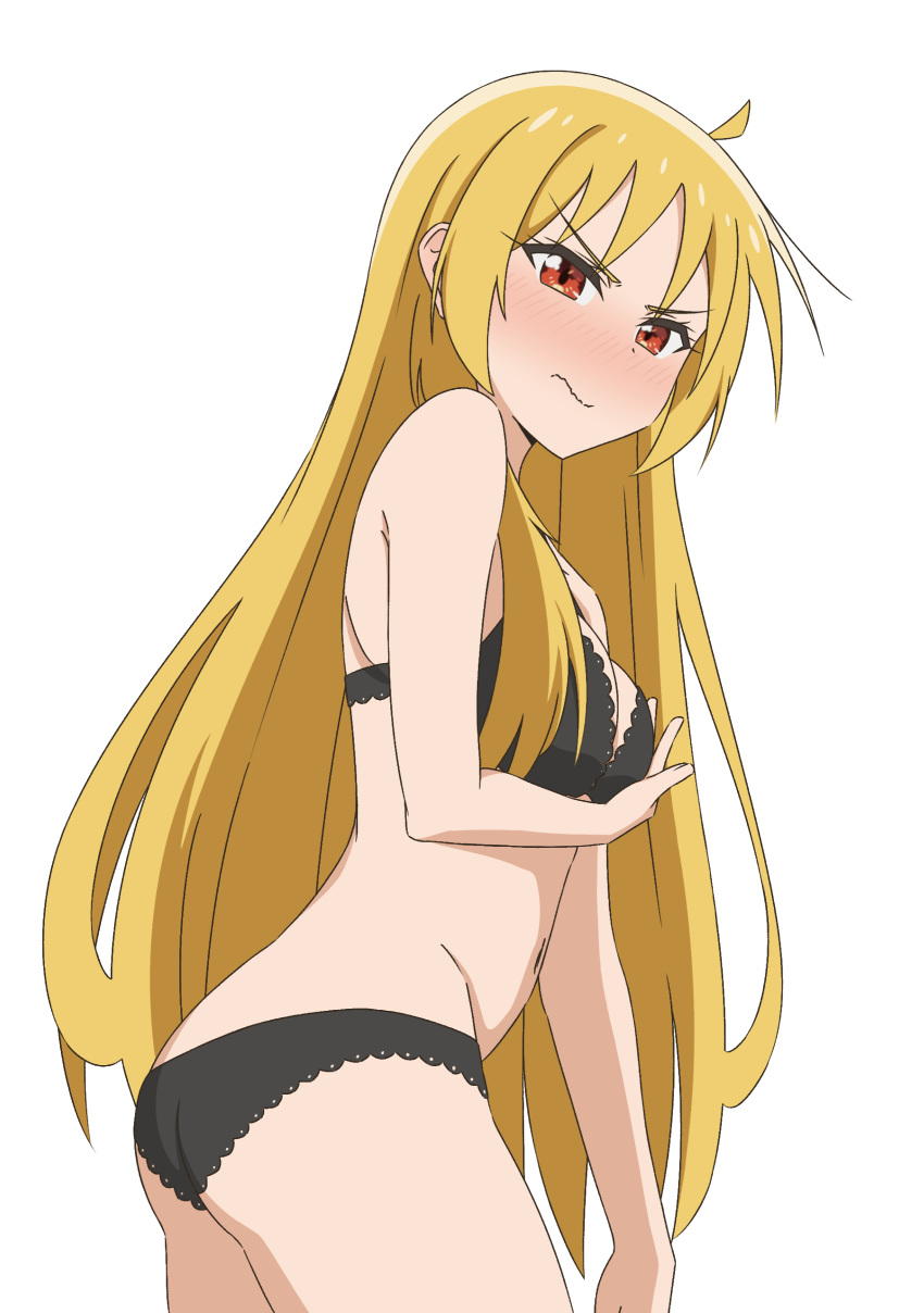 1girl absurdres ahoge ass black_bra black_panties blonde_hair blush bocchi_the_rock! bra breasts closed_mouth commentary cowboy_shot dot_nose embarrassed english_commentary highres ijichi_seika long_hair looking_at_viewer medium_breasts panties red_eyes simple_background solo standing thundradrawings underwear underwear_only upper_body v-shaped_eyebrows very_long_hair wavy_mouth white_background