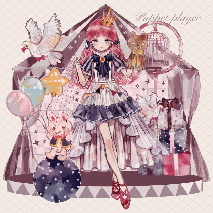 1girl ball balloon bangs bird birdcage black_bow blue_eyes blunt_bangs bow box brown_ribbon bunting cage checkered_background circus circus_tent closed_mouth collar crown decorations english_text gem gift gift_box gloves hand_puppet high_collar highres holding holding_balloon long_hair mini_crown original parted_bangs pink_bow puffy_short_sleeves puffy_sleeves puppet puppet_strings red_bow red_footwear red_hair ribbon shirt short_sleeves skirt sleeve_cuffs star_balloon strappy_heels string striped striped_shirt stuffed_animal stuffed_bunny stuffed_toy supika suspender_skirt suspenders teddy_bear tent triangle two-tone_skirt vertical-striped_shirt vertical_stripes white_bird white_collar white_gloves white_ribbon yellow_bow