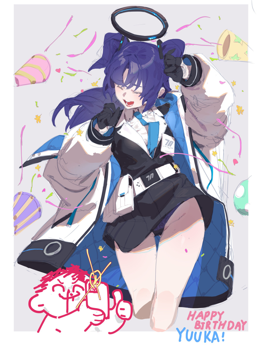 1boy 1girl ^_^ absurdres aroused_nosebleed black_gloves black_jacket black_skirt blood blue_archive blue_necktie cellphone character_name closed_eyes coat collared_shirt confetti cropped_legs doodle_sensei_(blue_archive) gloves halo happy_birthday highres holding holding_phone jacket long_hair long_sleeves necktie niunaigaoban nosebleed open_clothes open_coat open_mouth panties party_popper phone pouch purple_hair sensei_(blue_archive) shirt simple_background skirt smartphone smile streamers taking_picture thumbs_up two_side_up underwear white_coat white_shirt yuuka_(blue_archive)