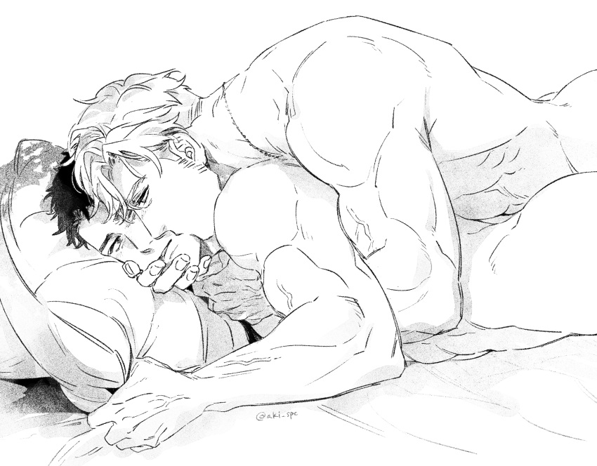 2boys abs aki_(supekutooru) ao_isami bara completely_nude couple facial_hair greyscale hand_on_another's_face head_on_pillow highres kiss lewis_smith looking_at_another lying_on_person male_focus monochrome multiple_boys muscular muscular_male nude on_bed short_hair sideburns_stubble simple_background stubble twitter_username upper_body veins veiny_arms veiny_hands white_background yaoi yuuki_bakuhatsu_bang_bravern