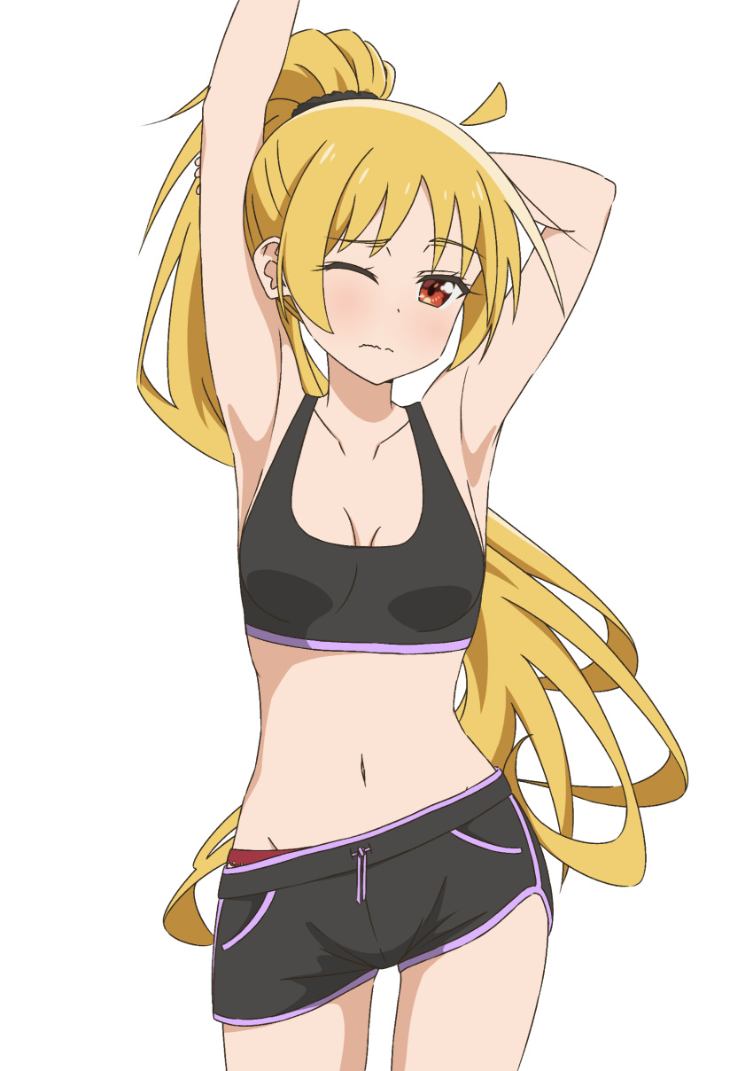 1girl absurdres ahoge alternate_costume arm_behind_head armpits arms_up black_scrunchie black_shorts black_sports_bra blonde_hair bocchi_the_rock! breasts commentary cowboy_shot detached_ahoge english_commentary hair_ornament hair_scrunchie high_ponytail highres ijichi_seika medium_breasts navel one_eye_closed panties red_panties scrunchie shorts simple_background solo sports_bra standing stretching thundradrawings underwear wavy_mouth white_background