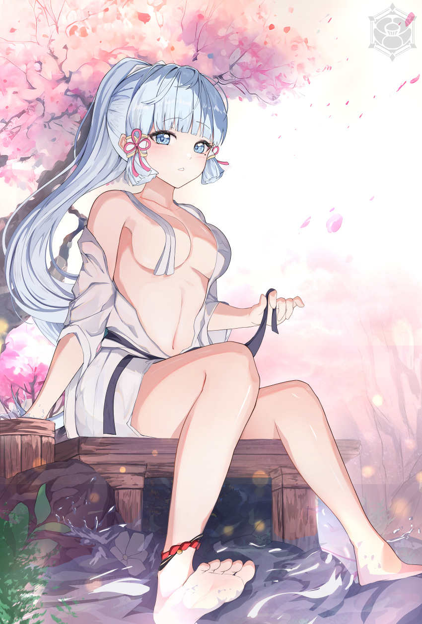 1girl absurdres bare_shoulders barefoot belt black_belt blue_eyes blue_hair blunt_bangs blush branch breasts bridge cherry_blossoms collarbone commentary_request covered_nipples flower genshin_impact grass hair_ornament hair_ribbon hair_tubes hand_up highres kamisato_ayaka korean_commentary leaf long_hair long_sleeves looking_at_viewer medium_breasts mole mole_under_eye navel open_clothes open_shirt outdoors petals pink_flower pink_ribbon ponytail ribbon river shirt shorts sitting sky solo stomach teeth tree water water_drop white_shirt white_shorts white_sky wide_sleeves yeni1871