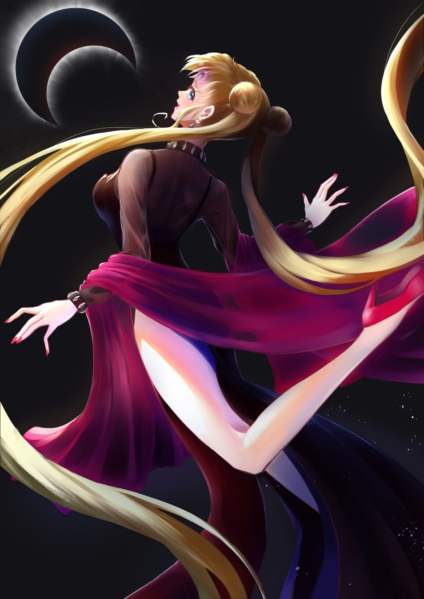 1girl absurdres bishoujo_senshi_sailor_moon black_lady black_lady_(cosplay) blonde_hair blue_eyes breasts corruption cosplay crescent crescent_facial_mark crystal_earrings dark_persona double_bun dress earrings facial_mark forehead_mark from_behind hair_bun highres jewelry long_hair looking_at_viewer looking_back mismick see-through solo tsukino_usagi twintails very_long_hair