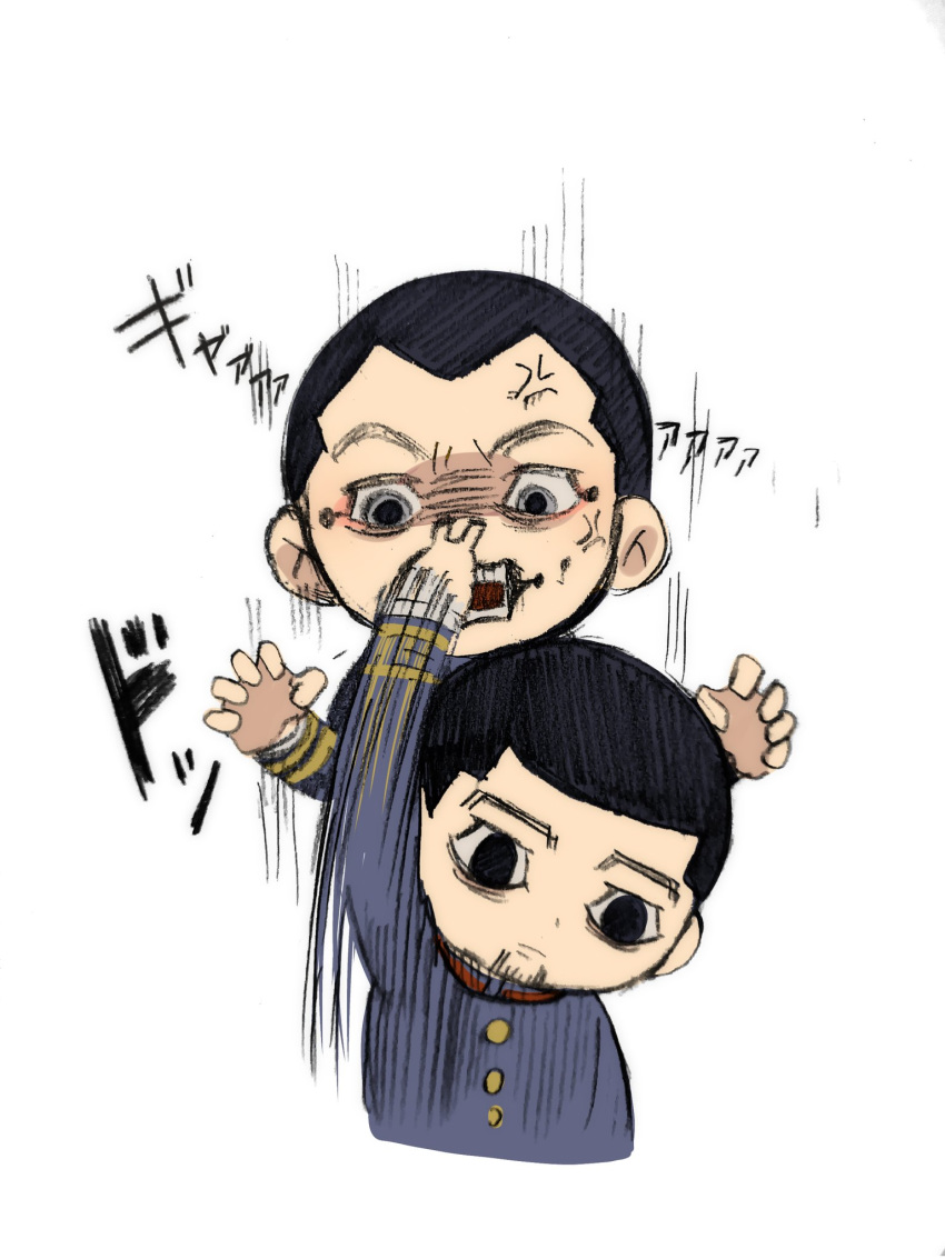 2boys anger_vein black_eyes black_hair buzz_cut chibi cropped_torso expressionless facial_hair fighting finger_to_another's_nose goatee golden_kamuy hair_strand highres male_focus multiple_boys ogata_hyakunosuke ri_(ri_kaos21) scar scar_on_cheek scar_on_face short_hair speed_lines stitches stubble usami_tokishige very_short_hair