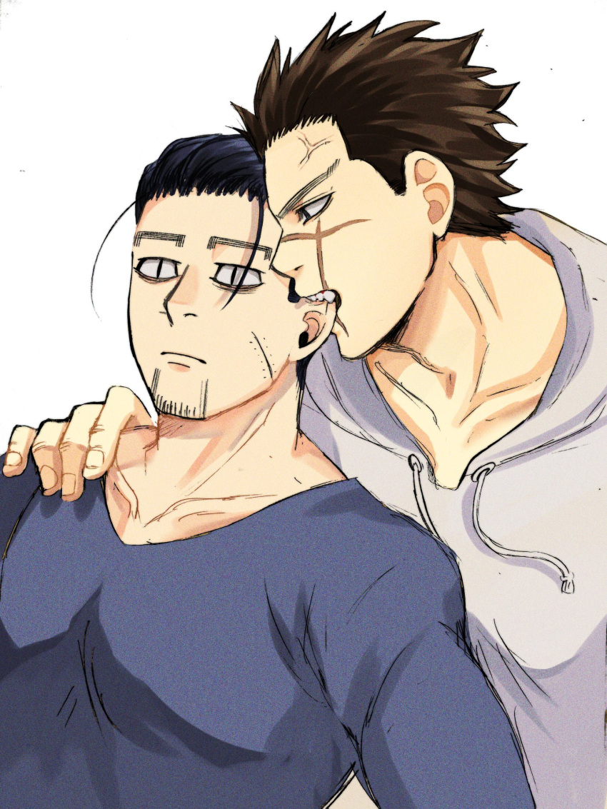 2boys alternate_costume anger_vein biting black_eyes black_hair casual ear_biting facial_hair goatee golden_kamuy hair_slicked_back hair_strand hand_on_another's_shoulder highres hood hoodie male_focus multiple_boys ogata_hyakunosuke ri_(ri_kaos21) scar scar_on_cheek scar_on_face short_hair slit_pupils stitches stubble sugimoto_saichi surprised undercut upper_body wide-eyed