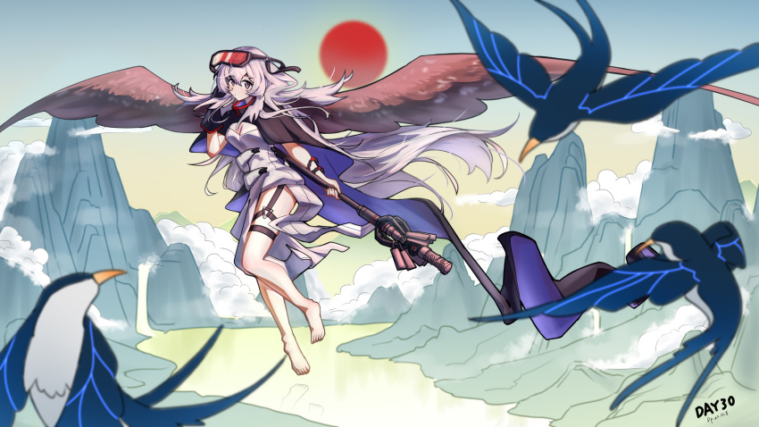 1girl animal arknights barefoot bead_bracelet beads bird black_gloves black_wings bracelet breasts cleavage commentary_request dated feathered_wings feathers flying gaoling_gangqin gloves goggles goggles_on_head grey_eyes head_wings highres holding holding_staff jewelry long_hair looking_at_viewer mountain mulberry_(arknights) single_glove small_breasts solo staff sun thigh_strap very_long_hair white_feathers white_hair white_wings wings