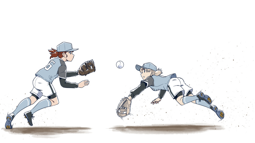 2girls aki_(girls_und_panzer) bangs baseball baseball_cap baseball_mitt bike_shorts bike_shorts_under_shorts black_footwear black_shirt blue_headwear blue_shirt blue_socks cleats diving girls_und_panzer hat highres layered_sleeves leaning_forward light_brown_hair long_sleeves looking_at_another low_twintails mikko_(girls_und_panzer) motion_blur multiple_girls red_hair satou_yasu shirt short_hair short_over_long_sleeves short_sleeves short_twintails shorts simple_background socks softball softball_uniform sportswear standing standing_on_one_leg twintails white_background white_shorts