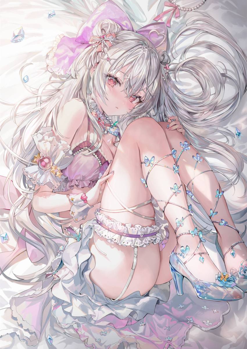 1girl ass bare_shoulders blush bow bra breasts cleavage detached_collar double_bun frilled_bow frills garter_straps glass_footwear grey_hair hair_between_eyes hair_bow hair_bun hand_on_own_knee hand_on_own_thigh heart-shaped_ornament high_heels highres hiyori_(momoko) jewelry long_hair looking_at_viewer lying medium_breasts momoko_(momopoco) nail_polish necklace on_side original parted_lips pink_eyes purple_bow purple_bra sidelocks solo thighs underwear
