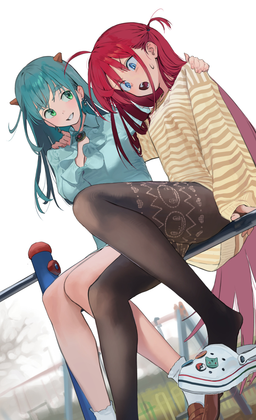 2girls :d ahoge aqua_hair aqua_shirt black_pantyhose blue_eyes blurry blurry_background brown_footwear bulbasaur center_frills choppy_bangs collared_dress crocs dress earrings extreme_dangling frills gem green_eyes highres hipa_(some1else45) horizontal-striped_clothes horizontal_bar horns jewelry juliet_sleeves loafers long_bangs long_hair long_sleeves looking_at_another loose_clothes loose_shirt multiple_girls nahia_(some1else45) open_mouth original outdoors overcast pantyhose patterned_legwear playground poke_ball puffy_sleeves red_hair scared shirt shoes sitting sky smile socks some1else45 striped_clothes striped_shirt sweatdrop swing teeth thick_eyebrows v-shaped_eyebrows very_long_hair white_footwear white_socks