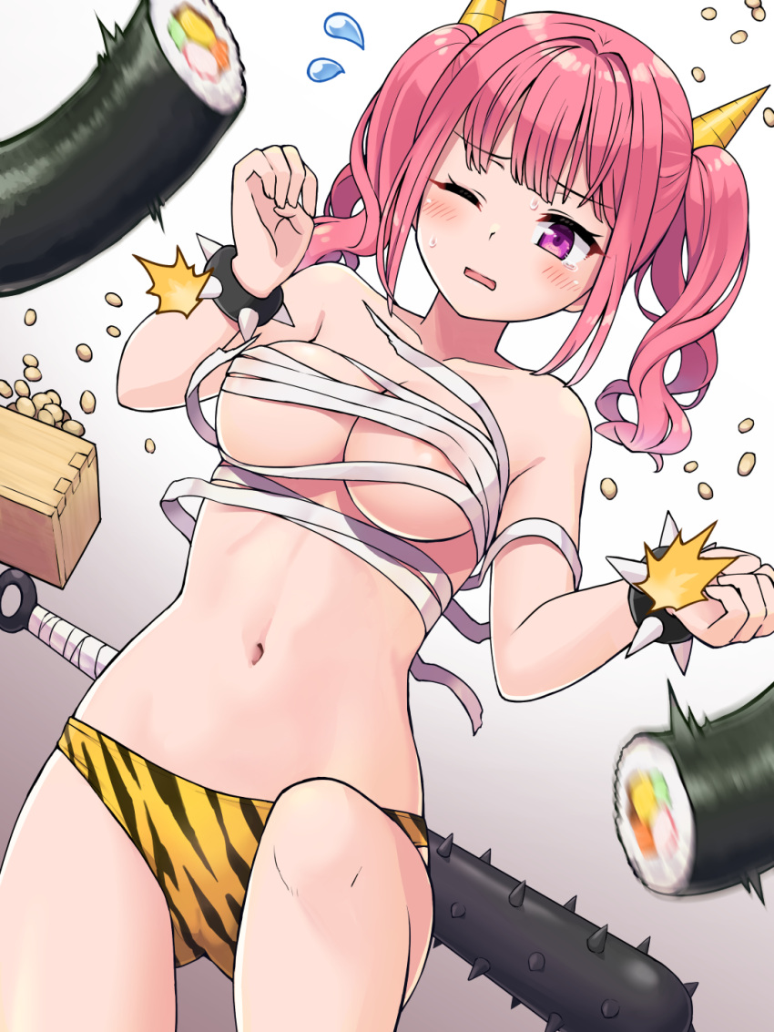 1girl animal_print areola_slip beans bracelet breasts club_(weapon) commentary_request ehoumaki flying_sweatdrops food gradient_background hands_up highres horns jewelry kanabou makizushi masu medium_breasts one_eye_closed open_mouth original panties pink_background pink_hair print_panties purple_eyes revision sarashi setsubun solo spiked_bracelet spikes sushi sweat tiger_print tsunaso_(lack_of_sunlight) twintails underwear wardrobe_malfunction weapon white_background yellow_panties