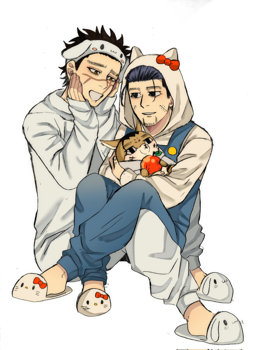 2boys :3 alternate_costume animal_ears animalization apple black_eyes black_hair blush cat_ears character_print character_request expressionless facial_hair fake_animal_ears food fruit goatee golden_kamuy hair_slicked_back hair_strand hands_on_own_cheeks hands_on_own_face hello_kitty highres holding holding_food holding_fruit hood hood_up male_focus merchandise multiple_boys ogata_hyakunosuke open_mouth ri_(ri_kaos21) sandals scar scar_on_cheek scar_on_face short_hair sitting sitting_on_lap sitting_on_person smile stitches stubble sugimoto_saichi themed_object undercut