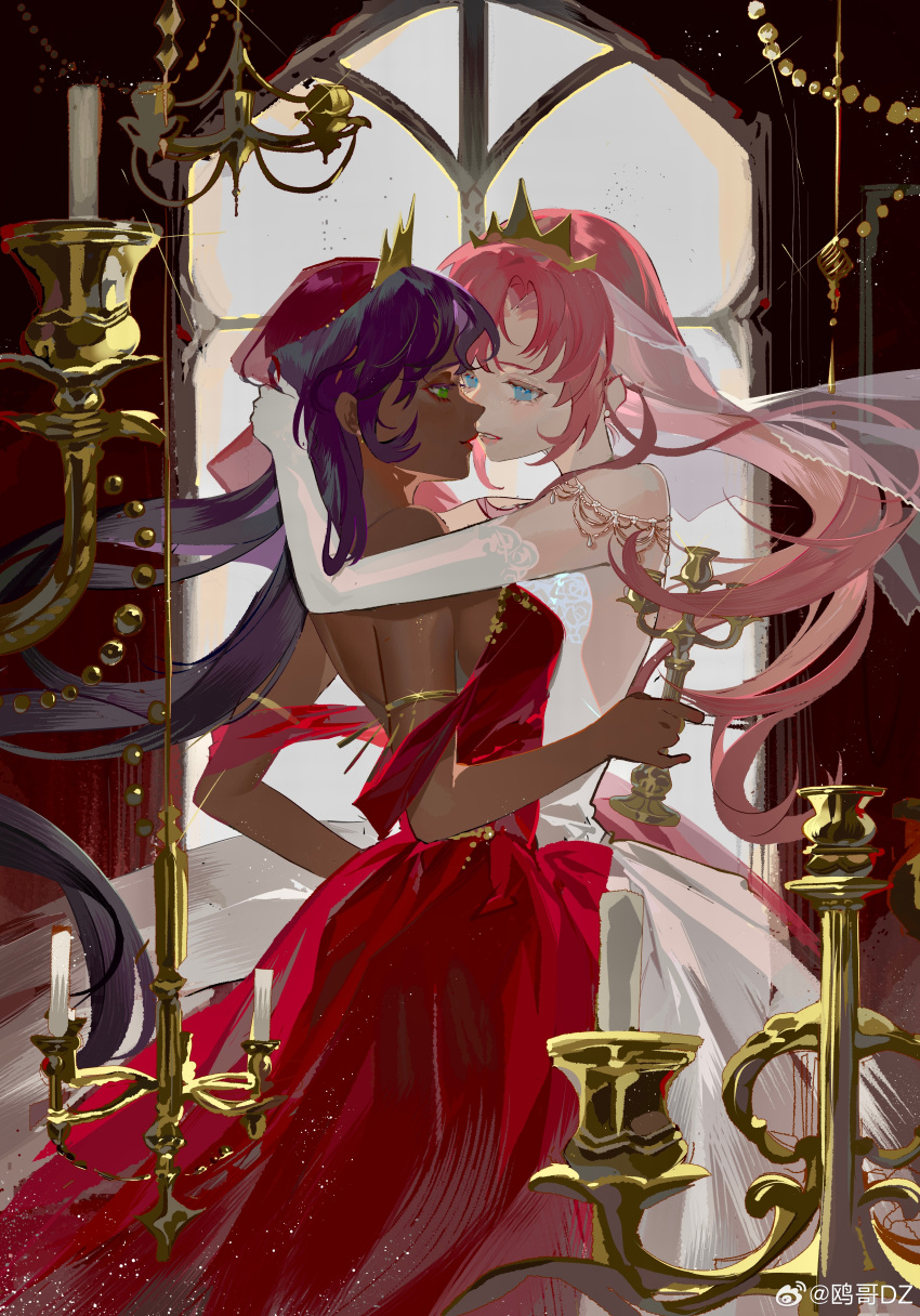 2girls absurdres bare_shoulders blue_eyes bridal_veil candle colored_eyelashes cowboy_shot dark-skinned_female dark_skin dress elbow_gloves eye_contact gleam gloves gold_armlet gold_tiara hand_on_another's_head highres himemiya_anthy holding_candle_stand hug indoors light_particles lipstick long_dress long_hair looking_at_another makeup multiple_girls ouge_dz parted_lips pink_hair pink_lips purple_hair red_dress red_sleeves red_veil see-through_veil short_sleeves shoujo_kakumei_utena strapless strapless_dress teeth tenjou_utena tiara veil very_long_hair wedding_dress weibo_watermark white_dress white_gloves white_veil window yuri