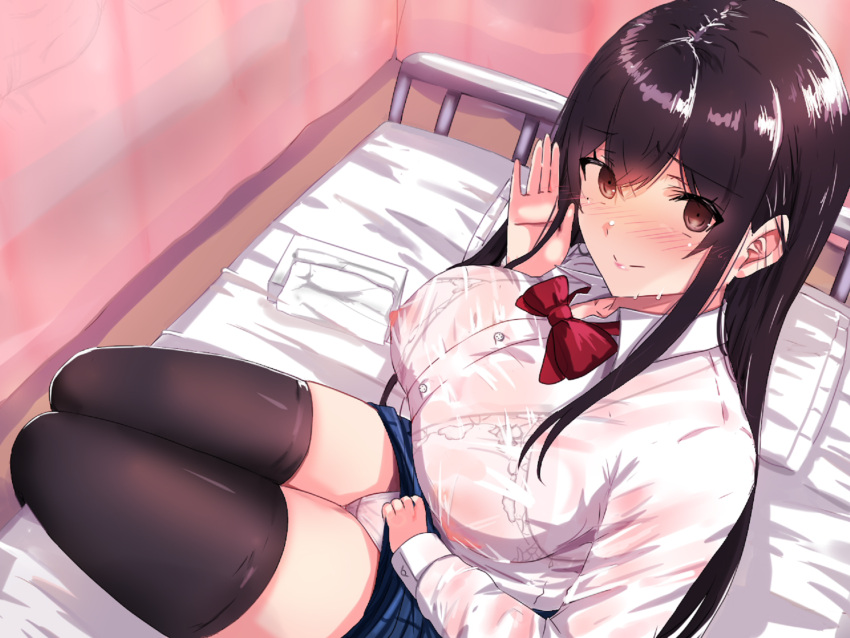 1girl bed bed_sheet black_hair blush bra bra_visible_through_clothes breasts brown_eyes closed_mouth clothes_lift collarbone ekaki_kukuma hair_between_eyes highres infirmary large_breasts lifted_by_self long_hair long_sleeves looking_at_viewer nipples non-web_source on_bed original panties see-through see-through_shirt shirt sidelocks sitting skirt skirt_lift smile solo sweat underwear white_bra white_panties white_shirt