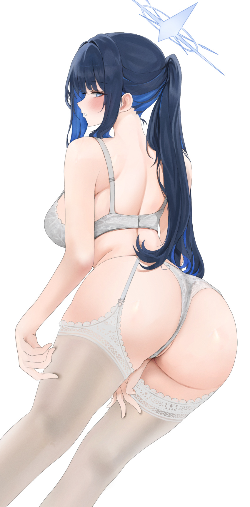 1girl absurdres alternate_hairstyle ass black_hair blue_archive blue_eyes blue_hair blue_halo blush bra breasts colored_inner_hair fte_(fifteen_199) grey_bra grey_panties grey_thighhighs halo highres large_breasts long_hair looking_at_viewer multicolored_hair open_mouth panties ponytail saori_(blue_archive) simple_background solo thighhighs underwear underwear_only white_background