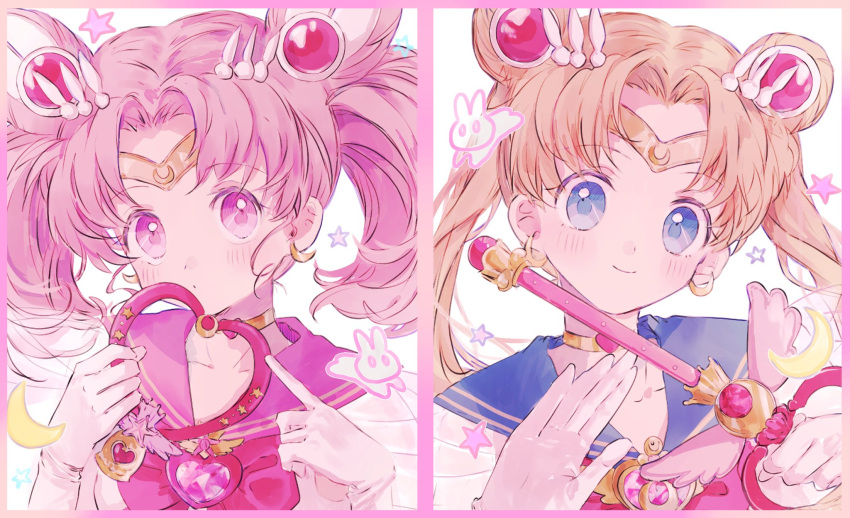 2girls bangs bishoujo_senshi_sailor_moon blonde_hair blue_eyes blue_sailor_collar blush bow brooch chibi_usa choker crescent crescent_earrings double_bun earrings gem gloves hair_bun hair_ornament hano_luno heart heart_choker highres holding holding_wand jewelry long_hair looking_at_viewer mother_and_daughter multiple_girls parted_bangs pink_bow pink_eyes pink_hair pink_sailor_collar rabbit sailor_chibi_moon sailor_collar sailor_moon smile star_(symbol) tiara tsukino_usagi twintails upper_body wand white_background white_gloves