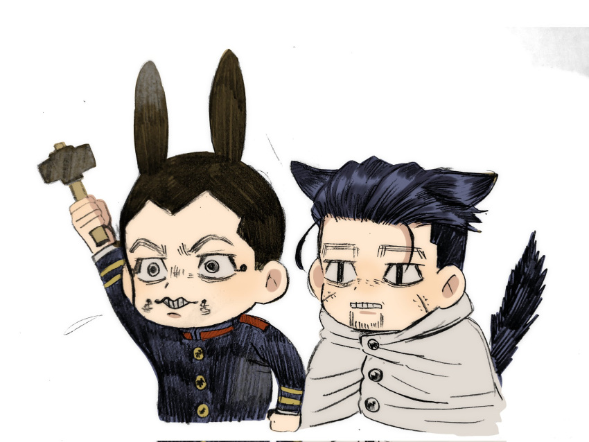 2boys animal_ears black_eyes black_hair cat_boy cat_ears cat_tail chibi clenched_teeth cropped_torso ears_down facial_hair goatee golden_kamuy hair_slicked_back hair_strand hammer highres hiss holding holding_hammer kemonomimi_mode male_focus multiple_boys ogata_hyakunosuke rabbit_ears ri_(ri_kaos21) scar scar_on_cheek scar_on_face short_hair slit_pupils stitches stubble tail tail_raised teeth undercut usami_tokishige