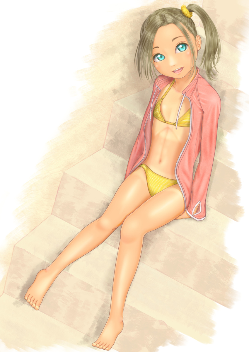 1girl barefoot bikini blue_eyes commentary_request flat_chest full_body grey_hair hair_ornament hair_scrunchie highres looking_at_viewer medium_hair navel open_clothes open_mouth original rash_guard scrunchie side_ponytail sitting smile solo swimsuit tan tanlines toes uzuki_mei yellow_bikini