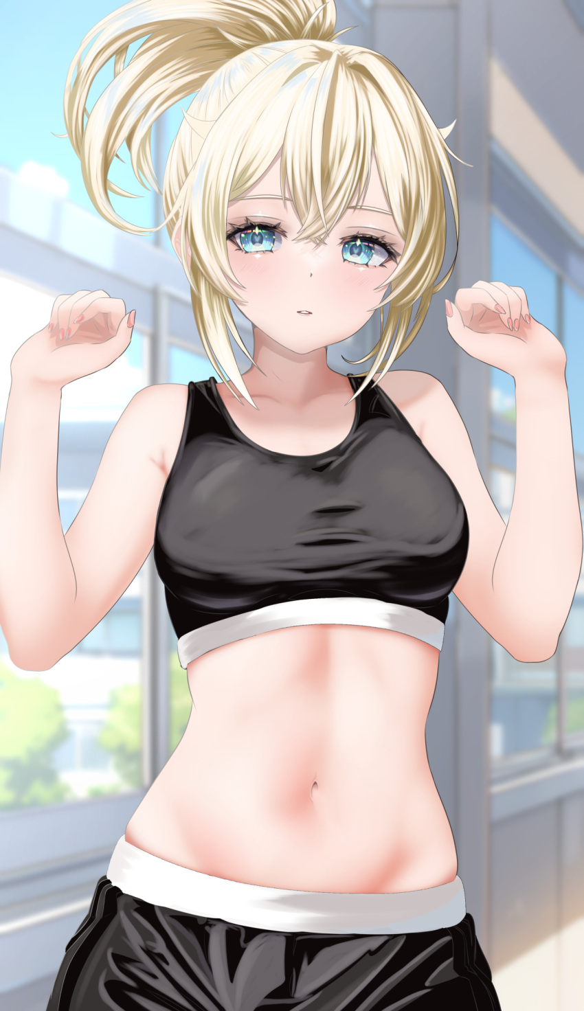 1girl alternate_costume bare_arms bare_shoulders black_shorts black_sports_bra blonde_hair blue_eyes blurry blurry_background clenched_hand hands_up highres hololive indoors kazama_iroha looking_ahead midriff nail_polish navel pink_nails ponytail short_shorts shorts solo sports_bra stomach upper_body virtual_youtuber wakaunderblade7