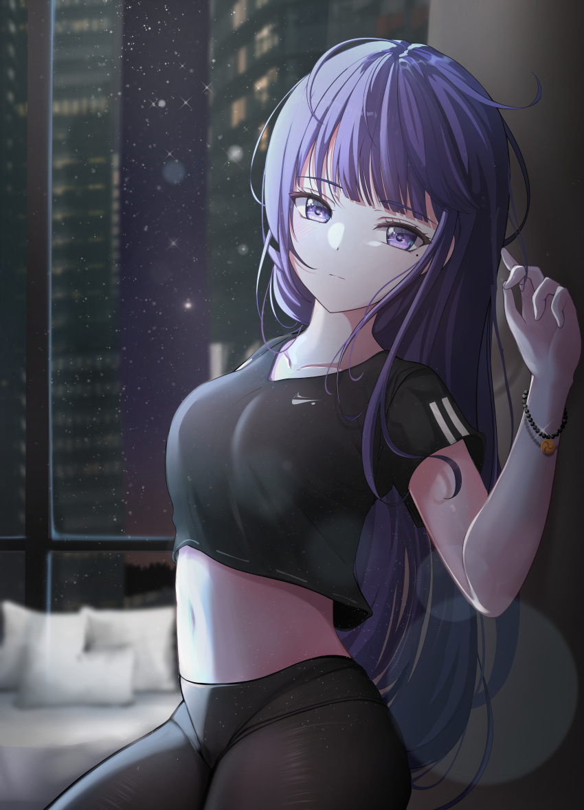 1girl absurdres adidas against_wall black_pantyhose black_shirt black_shorts blurry blurry_background bracelet cityscape closed_mouth collarbone couch crop_top genshin_impact hand_up highres indoors jewelry long_hair looking_at_viewer midriff mole mole_under_eye navel pantyhose pantyhose_under_shorts purple_eyes purple_hair raiden_shogun shirt short_shorts shorts sidelocks solo yeni1871