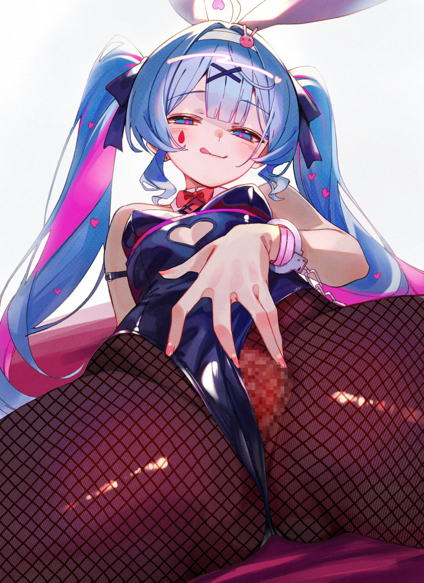 1girl absurdres animal_ears aqua_hair black_leotard bow bowtie breasts censored clothing_aside cuffs detached_collar fake_animal_ears fishnet_pantyhose fishnets hair_ornament hairband half-closed_eyes hatsune_miku highres leotard leotard_aside licking_lips long_hair mosaic_censoring multicolored_hair naughty_face pantyhose pink_hair pink_nails pink_pupils pussy rabbit_ears rabbit_hole_(vocaloid) red_bow red_bowtie simple_background small_breasts solo spread_pussy suujiniku teardrop_facial_mark thighs tongue tongue_out twintails two-tone_hair vocaloid white_background white_hairband wing_collar x_hair_ornament