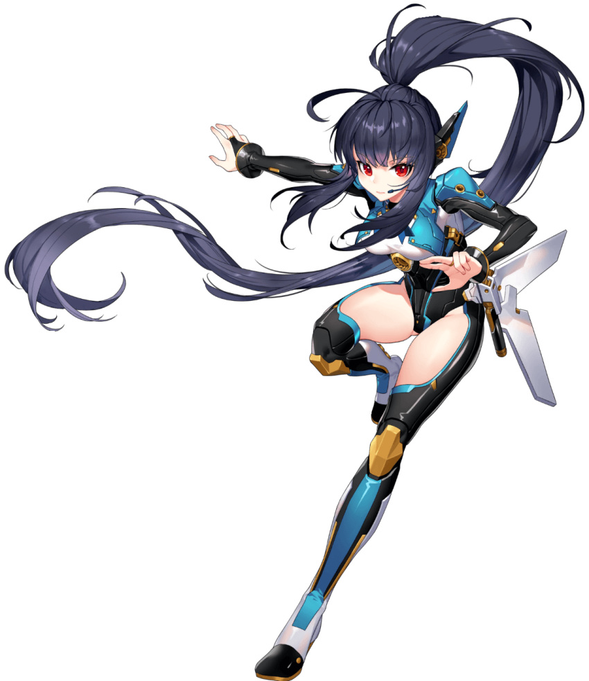 1girl absurdly_long_hair ahoge armor artist_request black_bridal_gauntlets black_hair black_sleeves breasts bridal_gauntlets character_request final_gear gun hair_ornament half_updo high_ponytail highres holster holstered leg_up leotard light_smile long_hair long_sleeves looking_at_viewer medium_breasts multicolored_clothes multicolored_footwear multicolored_legwear official_art ponytail red_eyes sidelocks solo third-party_source transparent_background very_long_hair weapon