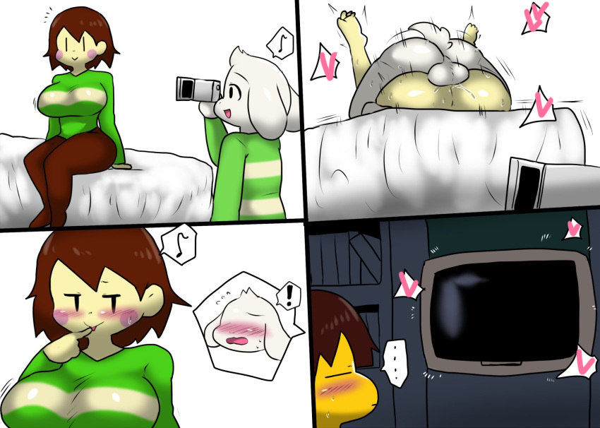 anthro asriel_dreemurr balls biped blush bovid caprine chara_(undertale) clothed clothing enigi09 female frisk_(undertale) from_front_position fur genitals goat group heart_symbol hi_res human male mammal mating_press nude sex trio undertale undertale_(series) white_body white_fur