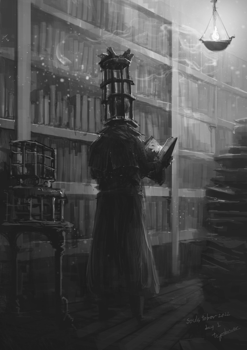 1boy artist_name bloodborne book book_stack bookshelf cage capelet cloak fire flame from_behind greyscale helmet highres lamp male_focus micolash_host_of_the_nightmare monochrome open_book reading shelf shoes solo standing table tripdancer