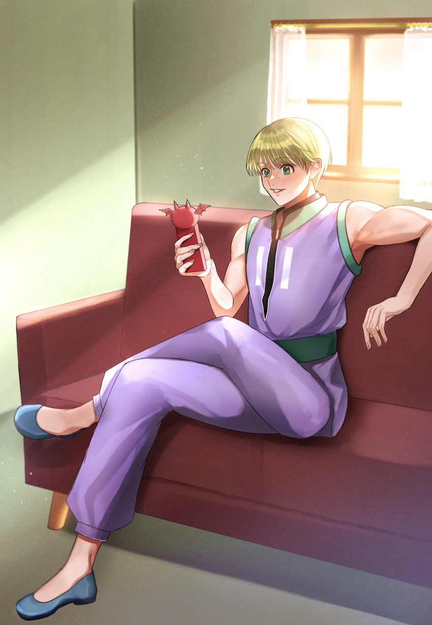 1boy absurdres ayuaho bare_shoulders blonde_hair couch crossed_legs full_body highres holding holding_phone hunter_x_hunter male_focus on_couch phone shalnark short_hair sitting smile solo sunlight themed_object toned toned_male window