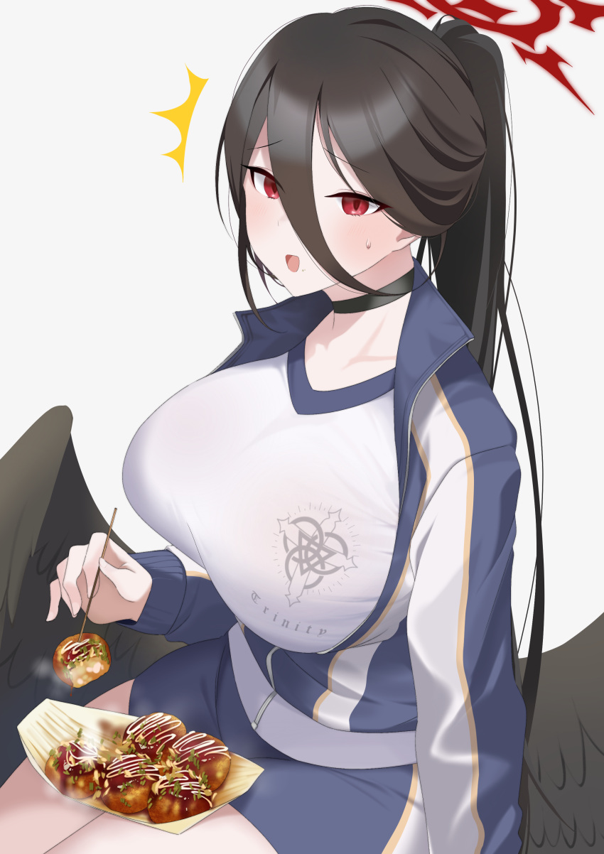 1girl absurdres black_hair black_wings blue_archive blue_jacket blue_shorts blush breasts choker collarbone feathered_wings food gym_uniform hair_between_eyes halo hasumi_(blue_archive) hasumi_(gym_uniform)_(blue_archive) high_ponytail highres huge_breasts jacket long_hair long_sleeves looking_at_viewer low_wings mole mole_under_eye official_alternate_costume open_mouth oxygen_mask_(oxygenmask233) red_eyes shirt short_shorts shorts sitting solo takoyaki thighs toothpick very_long_hair white_shirt wings