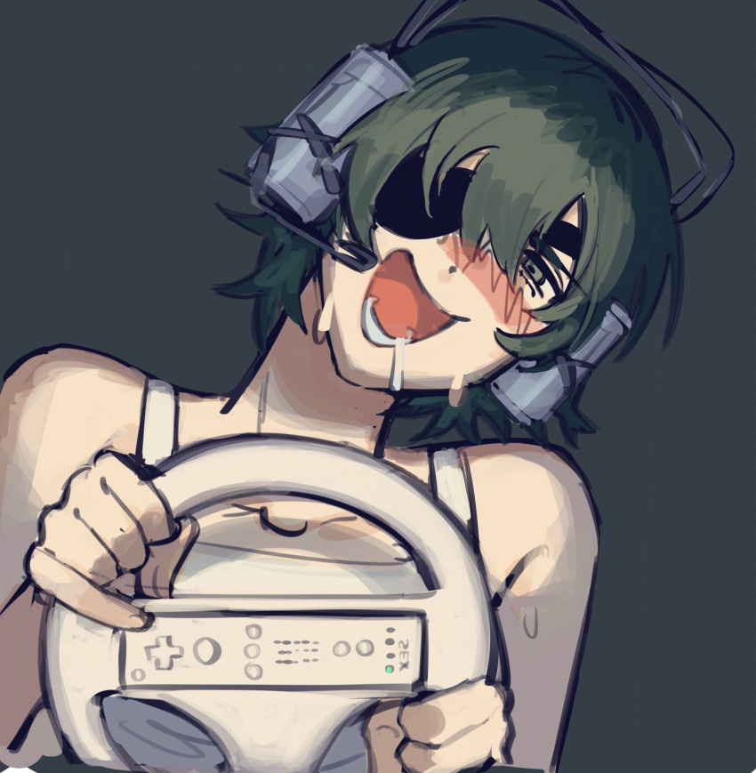 1girl bangs beer_can blush can chainsaw_man drunk eyepatch game_console grey_background hair_over_one_eye headset highres himeno_(chainsaw_man) liowig looking_at_viewer makeshift_headset messy_hair open_mouth short_hair simple_background solo steering_wheel sweat sweatdrop tank_top white_tank_top wii wii_racing_wheel