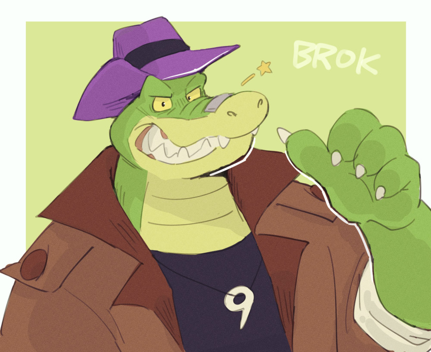 2022 alligator alligatorid anthro biped brok_(character) brok_the_investigator clothing crocodilian green_body hat headgear headwear hi_res humanoid_hands k0bit0wani portrait reptile scalie shirt solo topwear video_games