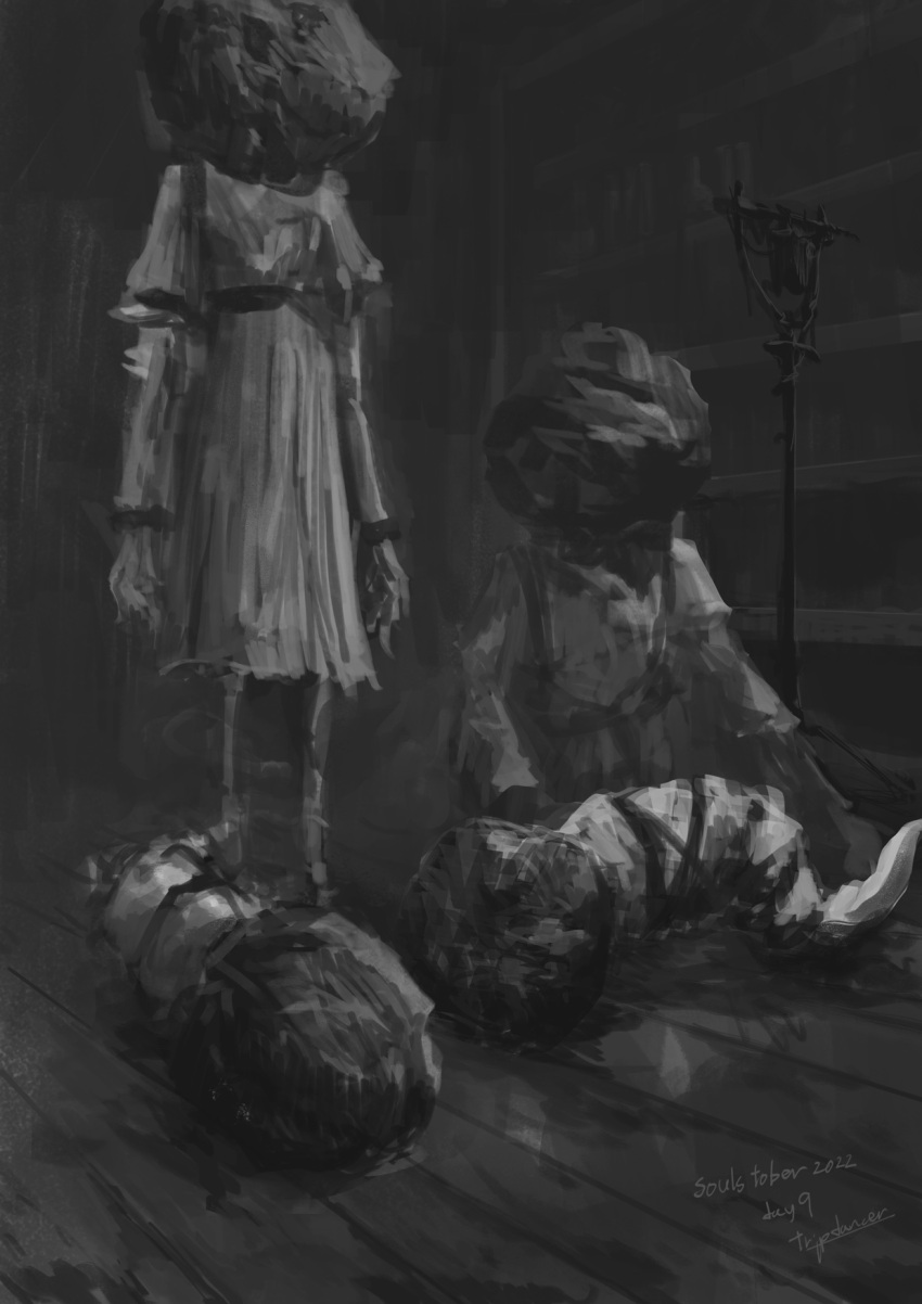 4others ambiguous_gender artist_name bloodborne dress highres juliet_sleeves long_sleeves lying multiple_others on_side puffy_sleeves restrained rope shelf sitting standing torn_clothes torn_dress tripdancer wooden_floor