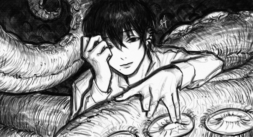 black_hair chainsaw_man earrings greyscale hand_over_face jacket jewelry kgynh looking_at_viewer mole mole_under_mouth monochrome multiple_earrings octopus_devil_(chainsaw_man) pointing tentacles white_background white_jacket yoshida_hirofumi