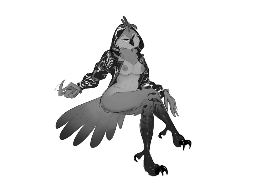 2022 anthro areola avian bird black_talons breasts clitcereal clothing crossed_legs digital_drawing_(artwork) digital_media_(artwork) facial_spots feathers female freckles full-length_portrait glistening glistening_clothing glistening_jacket glistening_topwear grey_body grey_feathers greyscale hair hi_res jacket looking_at_viewer monochrome neck_tuft nipples portrait simple_background sitting solo spotted_face tail_feathers talons three-quarter_view topwear tuft white_background