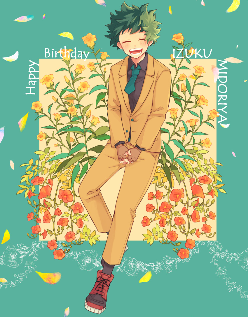1boy ^_^ ^o^ birthday black_shirt blush_stickers boku_no_hero_academia character_name cherry_blossoms closed_eyes cross-laced_footwear cumatarou dress_shirt facing_viewer falling_petals fingerless_gloves floating_necktie flower freckles full_body gloves green_background green_hair green_necktie happy_birthday highres interlocked_fingers jacket long_sleeves midoriya_izuku necktie open_mouth outside_border pants petals plant red_flower shirt shoes short_hair smile sneakers two-tone_background wing_collar yellow_flower yellow_jacket yellow_pants