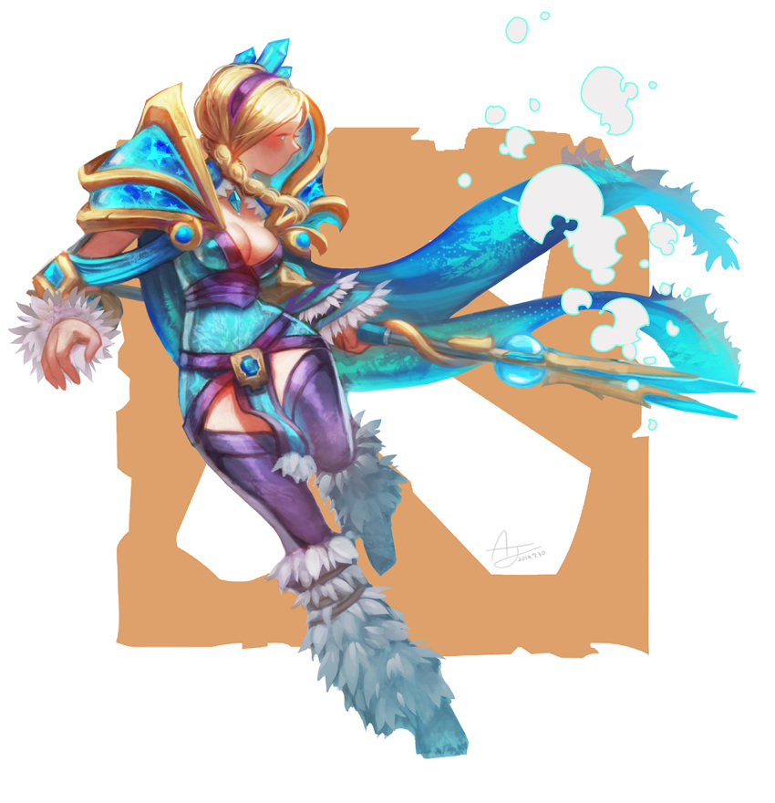 1girl angju armor bangs blonde_hair blue_cape blue_dress boots braid braided_ponytail breasts cape cleavage closed_mouth crystal crystal_maiden dota_(series) dota_2 dress full_body fur-trimmed_boots fur_trim headband highres holding holding_staff pauldrons shoulder_armor solo staff white_background