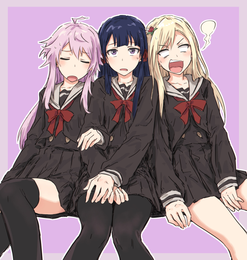 3girls =_= ahoge arm_at_side bangs between_legs black_pantyhose black_thighhighs blank_eyes blonde_hair blue_hair blunt_bangs blush border bow bowtie brown_dress buttons closed_eyes collarbone cropped_jacket dress exhausted feet_out_of_frame flower furukawa_wanosuke girl_sandwich giving_up_the_ghost grey_border hair_flower hair_ornament hair_ribbon hand_between_legs hand_on_another's_arm hand_up hands_on_lap highres invisible_chair knees_together_feet_apart long_hair long_sleeves looking_at_viewer multiple_girls open_mouth otonashi_ichie outline outside_border own_hands_together pantyhose parted_lips pleated_dress purple_background purple_eyes purple_hair raised_eyebrows red_bow red_bowtie red_flower red_ribbon ribbon rinmeikan_girls_school_uniform sailor_collar sandwiched school_uniform serafuku short_dress shoujo_kageki_revue_starlight shoujo_kageki_revue_starlight_-re_live- side-by-side sidelocks simple_background sitting sweat sweatdrop swept_bangs teeth thighhighs tomoe_tamao upper_teeth v-shaped_eyebrows wavy_mouth white_outline white_sailor_collar yumeoji_fumi zettai_ryouiki