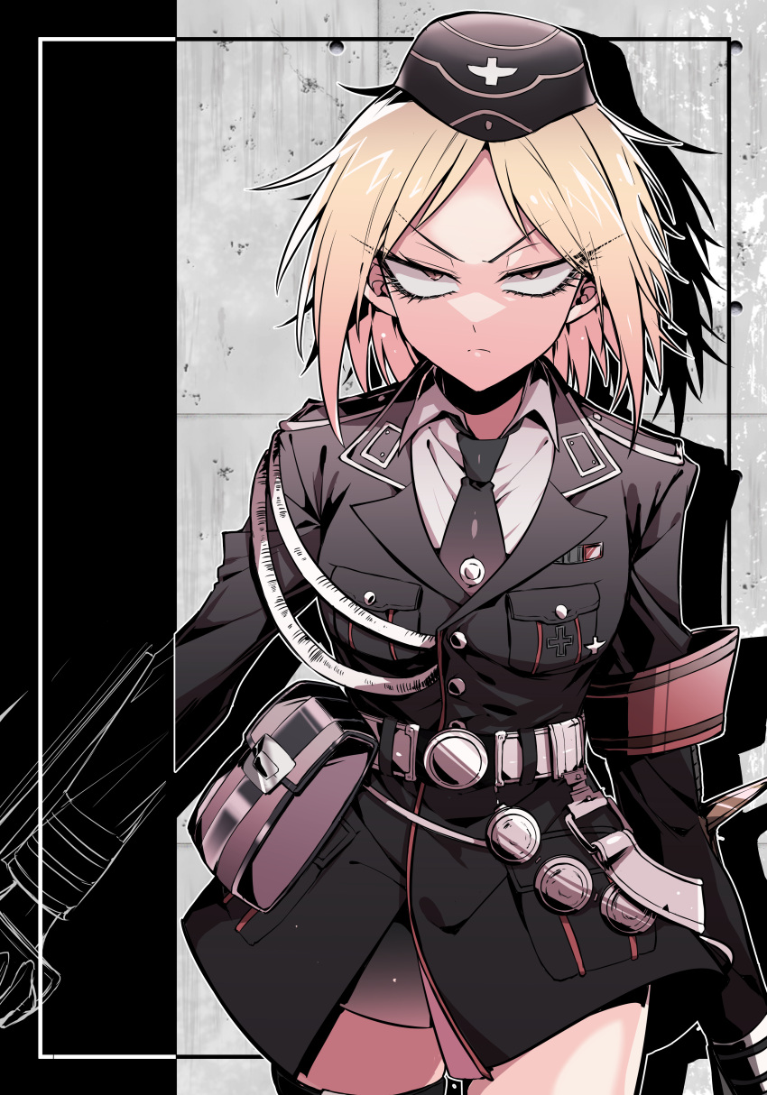 1girl absurdres angry blonde_hair breasts brown_eyes commission cowboy_shot erotunabe garrison_cap girls'_frontline hat highres long_sleeves looking_at_viewer military military_hat military_uniform mp40_(girls'_frontline) necktie red_armband saber_(weapon) shirt short_hair skeb_commission solo sword third-party_edit uniform weapon
