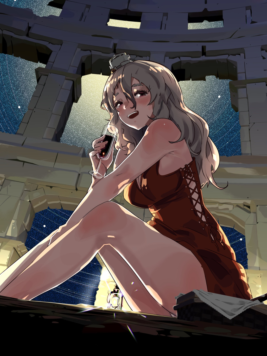1girl absurdres alcohol alternate_costume arena basket blush bottle breasts brown_eyes colosseum cup dress drink drinking_glass drunk from_below full_moon grey_hair hat highres igarasy italy kantai_collection lantern legs lights long_hair looking_at_viewer looking_down medium_breasts mini_hat moon night open_mouth pola_(kancolle) red_dress rome ruins sitting sky smile star_(sky) starry_sky wavy_hair wine wine_bottle wine_glass