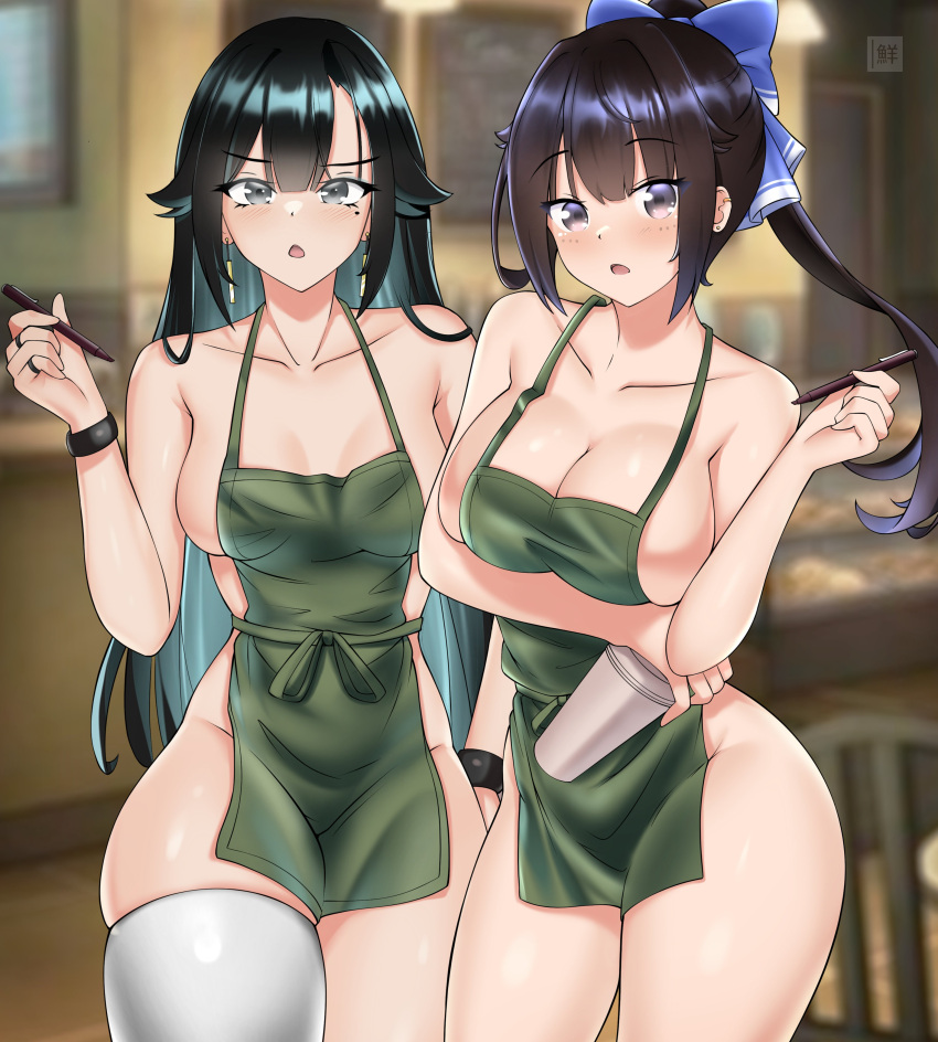 2girls :o absurdres apron arm_under_breasts bangs black_hair blue_eyes blunt_bangs blurry blurry_background breasts breasts_apart cleavage collarbone cowboy_shot cup curled_fingers disposable_cup dot_nose english_commentary flor_(freshtango) forehead freshtango green_apron green_hair grey_eyes hair_ornament highres holding holding_cup holding_pen iced_latte_with_breast_milk_(meme) indoors large_breasts looking_at_viewer medium_breasts meme mole mole_under_eye multiple_girls naked_apron open_mouth original pac-man_eyes parted_bangs pen ponytail satomi_(freshtango) sidelocks single_thighhigh thighhighs thighs white_thighhighs