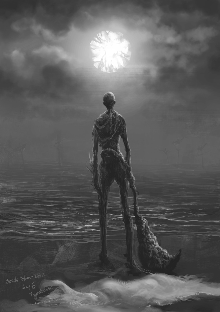 1boy arms_at_sides artist_name bald bloodborne cloud commentary_request creature facing_away from_behind full_body highres holding holding_weapon horizon male_focus moon ocean orphan_of_kos outdoors solo standing tripdancer water weapon