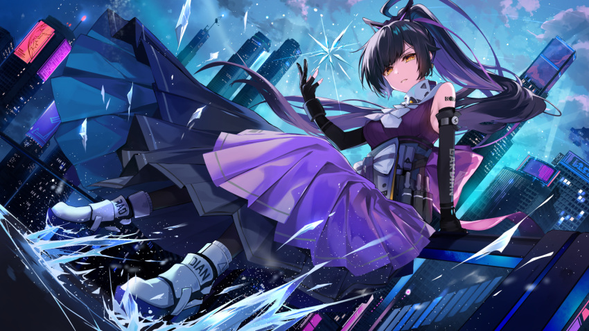 1girl bangs bare_shoulders black_gloves black_hair black_pantyhose black_skirt breasts brown_eyes building character_request cloud cloudy_sky commentary_request cryokinesis dutch_angle elbow_gloves gloves hirai_yuzuki ice long_hair looking_at_viewer medium_breasts multicolored_hair outdoors pantyhose parted_lips partially_fingerless_gloves pleated_skirt ponytail purple_hair purple_shirt shirt shoes skirt sky skyscraper sleeveless sleeveless_shirt solo tower_of_fantasy two-tone_hair v-shaped_eyebrows very_long_hair white_footwear