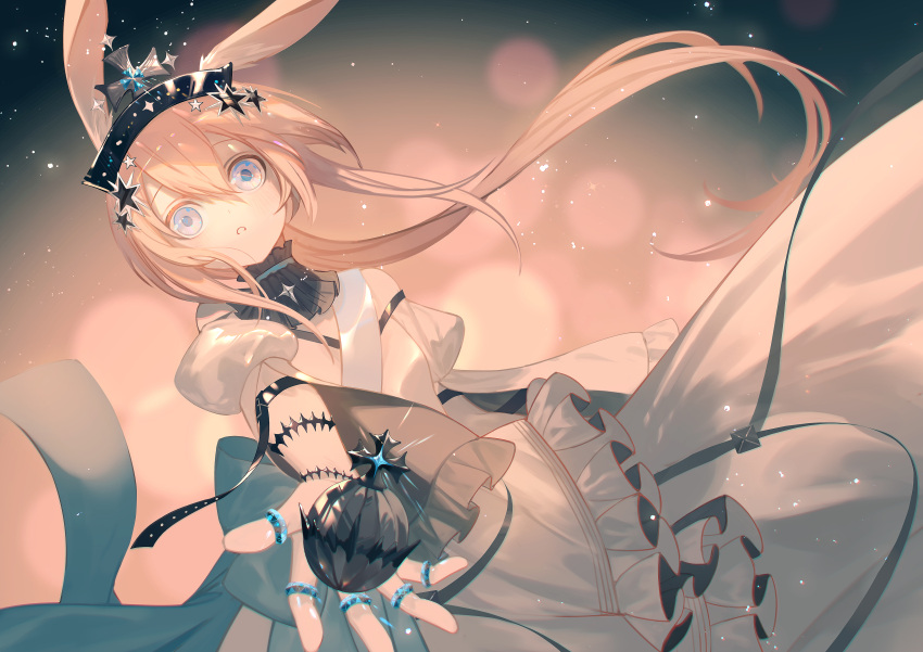 1girl absurdres ambience_synesthesia amiya_(arknights) animal_ear_fluff animal_ears arknights black_collar blue_eyes brown_hair chinese_commentary collar commentary_request cowboy_shot dress floating_hair globus_cruciger hair_ornament highres jewelry long_hair looking_at_viewer lubusi official_alternate_costume open_hand outstretched_arm parted_lips puffy_short_sleeves puffy_sleeves rabbit_ears ring short_sleeves solo star_(symbol) star_hair_ornament tiara very_long_hair white_dress