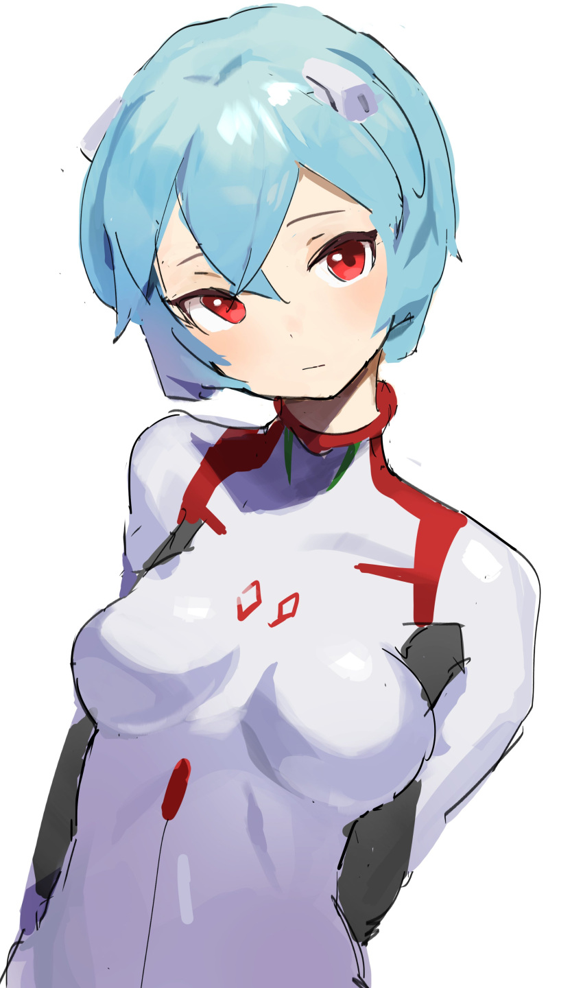 1girl absurdres arms_behind_back ayanami_rei bangs blue_hair bodysuit breasts closed_mouth evangelion:_3.0+1.0_thrice_upon_a_time expressionless hair_ornament highres interface_headset looking_at_viewer medium_breasts neon_genesis_evangelion plugsuit rebuild_of_evangelion red_eyes short_hair simple_background solo t-lex white_bodysuit