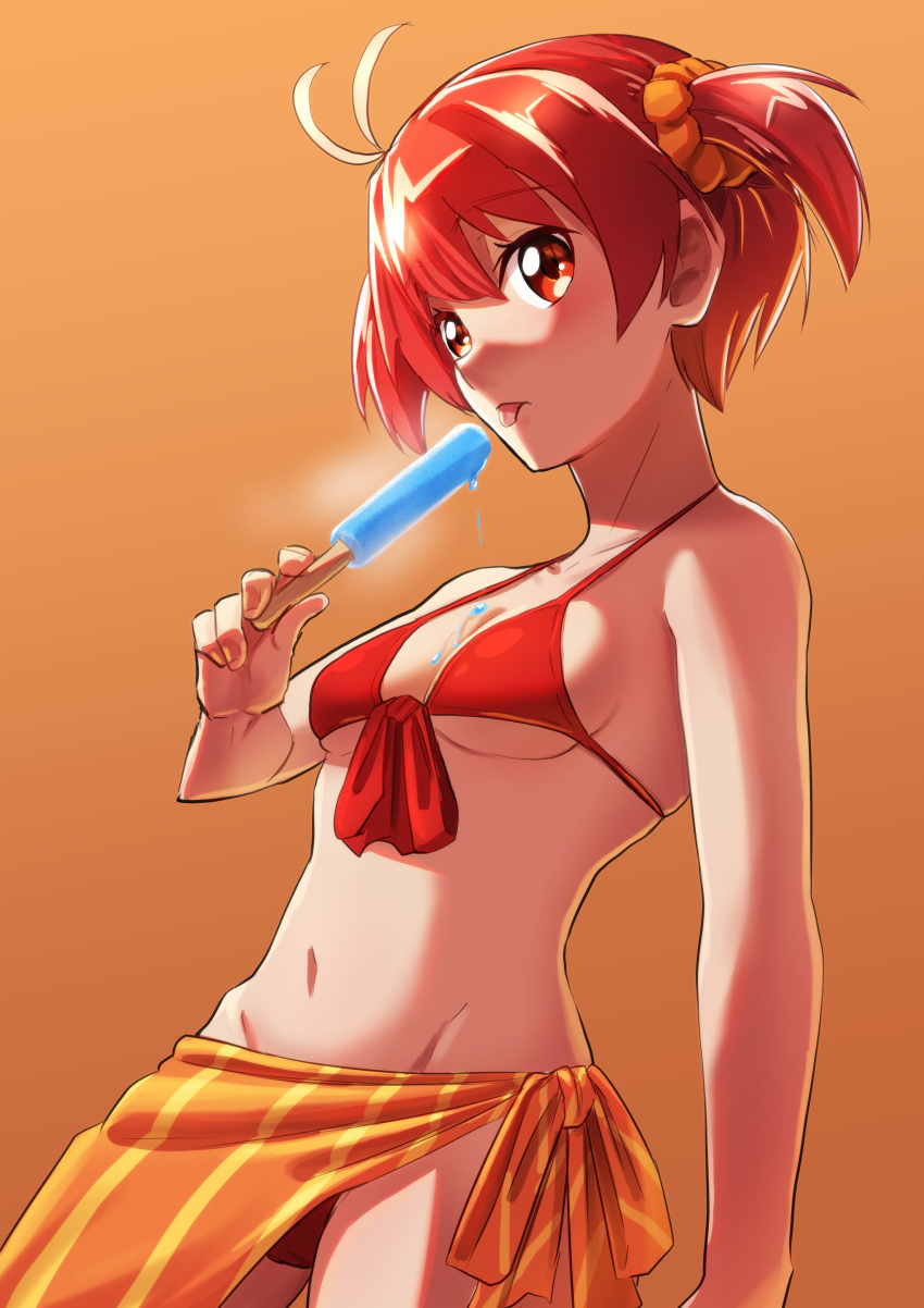 1girl absurdres antenna_hair bikini breasts commentary_request cowboy_shot food front-tie_bikini_top front-tie_top groin hasegawa_(hase_popopo) highres isshiki_akane navel popsicle red_bikini red_hair sarong scrunchie short_hair small_breasts solo swimsuit tongue tongue_out twintails vividred_operation