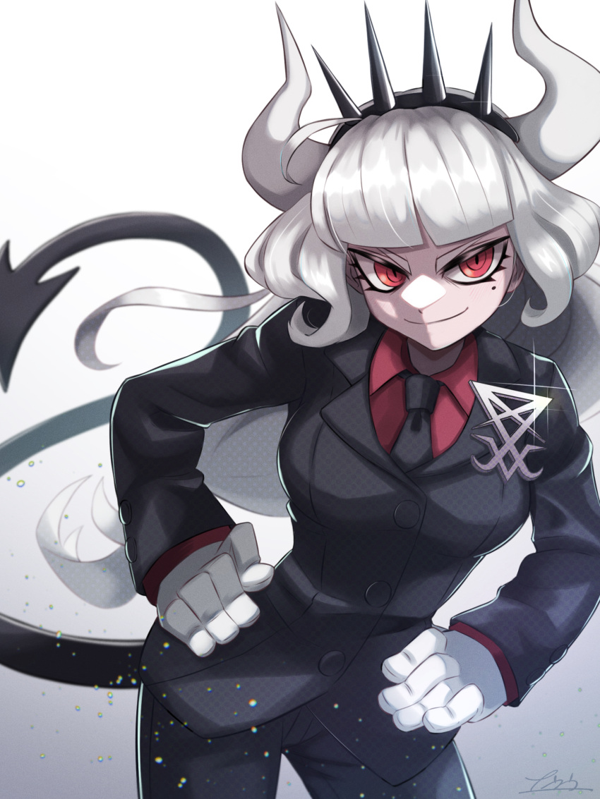 1girl absurdres bangs black_jacket black_necktie blunt_bangs breasts buttons contrapposto demon_girl demon_horns demon_tail gloves helltaker highres horns jacket large_breasts long_hair looking_at_viewer lucifer_(helltaker) mole mole_under_eye nankou_(koutanan) necktie red_eyes red_shirt shirt smile solo tail white_hair white_horns