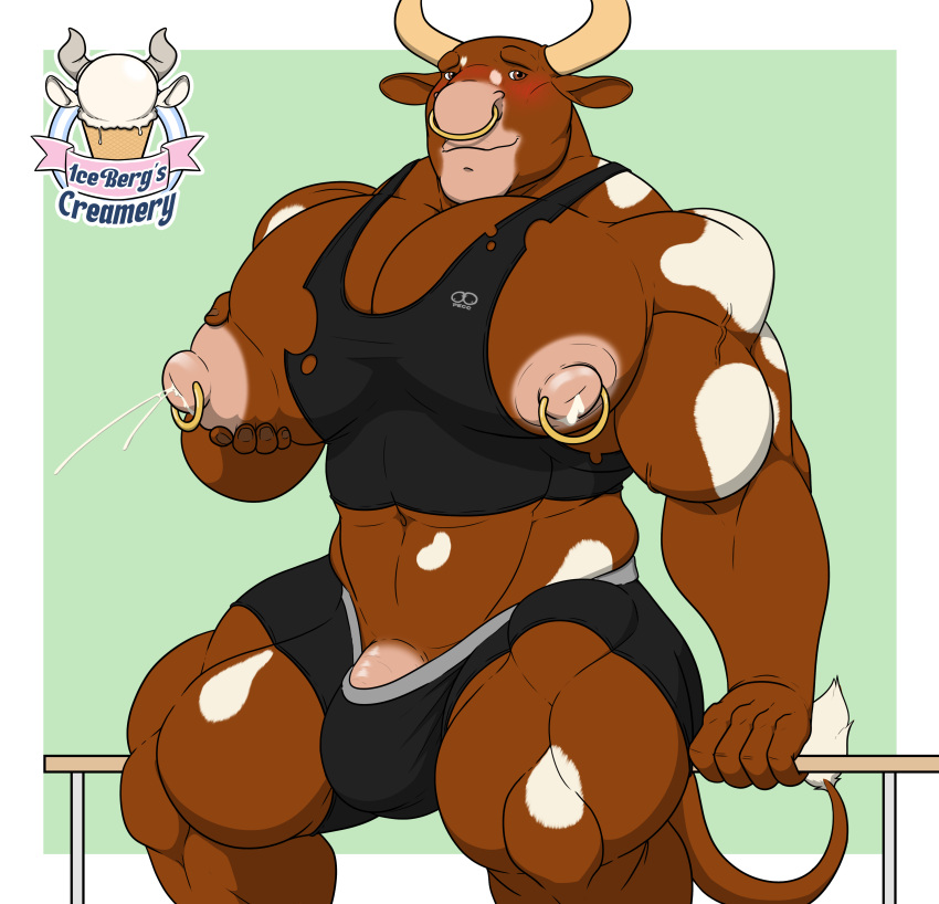 1ceberg absurd_res anthro bench big_nipples big_pecs bodily_fluids bovid bovine briefs bulge cattle clothed clothing exercise_clothing facial_piercing hi_res huge_pecs lactating male male_lactation mammal muscular muscular_male nipple_fetish nipple_piercing nipple_pinch nipple_play nipples nose_piercing nose_ring partially_clothed pec_grasp pecs piercing pinch ring_piercing shirt sitting skimpy solo tank_top tight_clothing topwear underwear