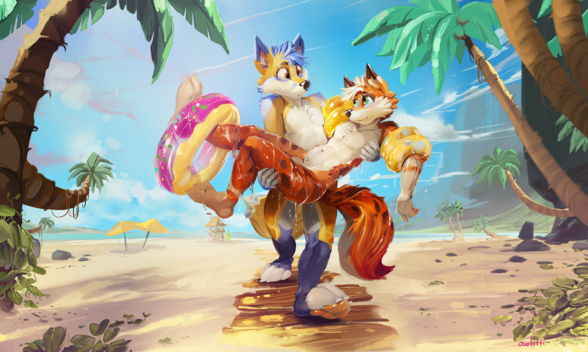 anthro beach blue_hair blue_sky blush brown_eyes canid cheek_tuft closed_smile clothing cloud duo eye_contact facial_tuft fur glistening glistening_eyes glistening_pawpads green_eyes hair hi_res looking_at_another male mammal mountain mouth_closed orange_body orange_fur oselotti outside palm_tree pawpads plant pool_toy red_pawpads rock seaside short_hair signature sky tree tuft walking wet wet_clothing white_body white_fur white_hair yellow_body yellow_fur